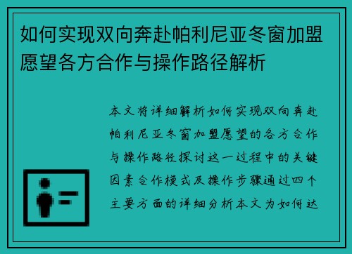 如何实现双向奔赴帕利尼亚冬窗加盟愿望各方合作与操作路径解析 如何实现双向奔赴帕利尼亚冬窗加盟愿望各方合作与操作路径解析