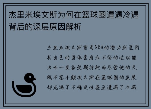 杰里米埃文斯为何在篮球圈遭遇冷遇背后的深层原因解析